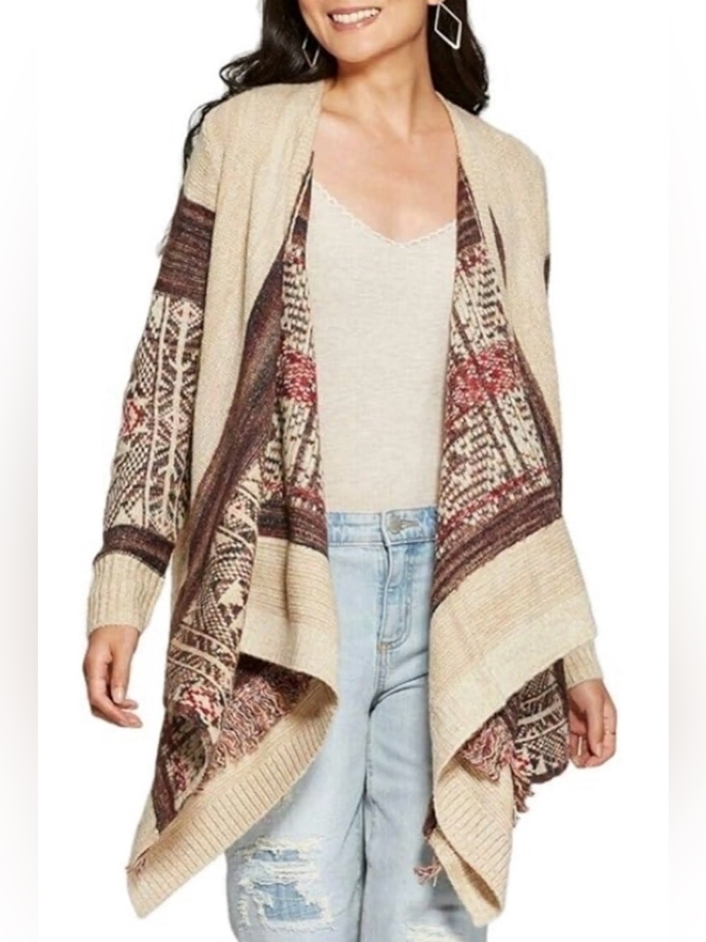 Lucky Brand Aztec Knit Medium Sweater Shawl Beige Cardigan Western Fringe